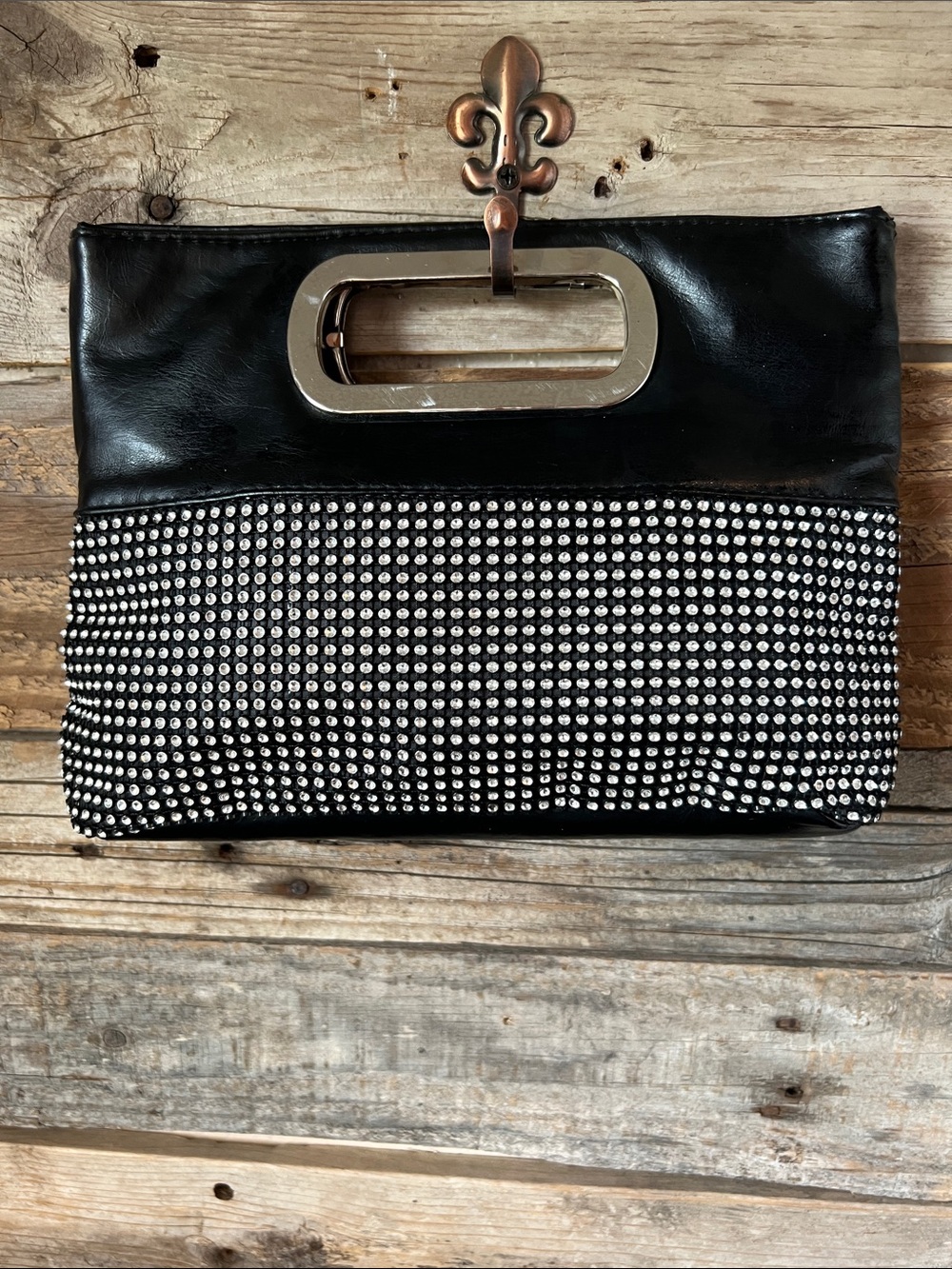Black Rhinestone-Detail Wristlet Clutch with Silver Cutout Handle